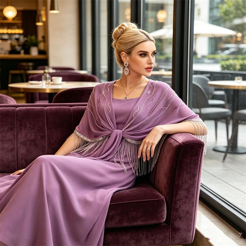 

Muslim Women Chiffon Flowy Formal Party Long Dress Abaya Dubai Kaftan Tassel Morocco Caftan Femme Musulmane Vestidos Jalabiya