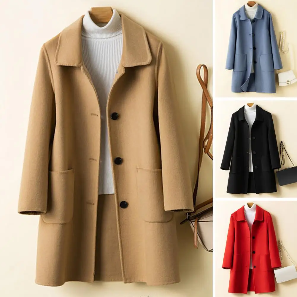 

Woolen Coat Lapel Long Sleeves Pockets Thickened Warm Women Coat Autumn Winter Buttons Placket Double-sided Woolen Outerwear