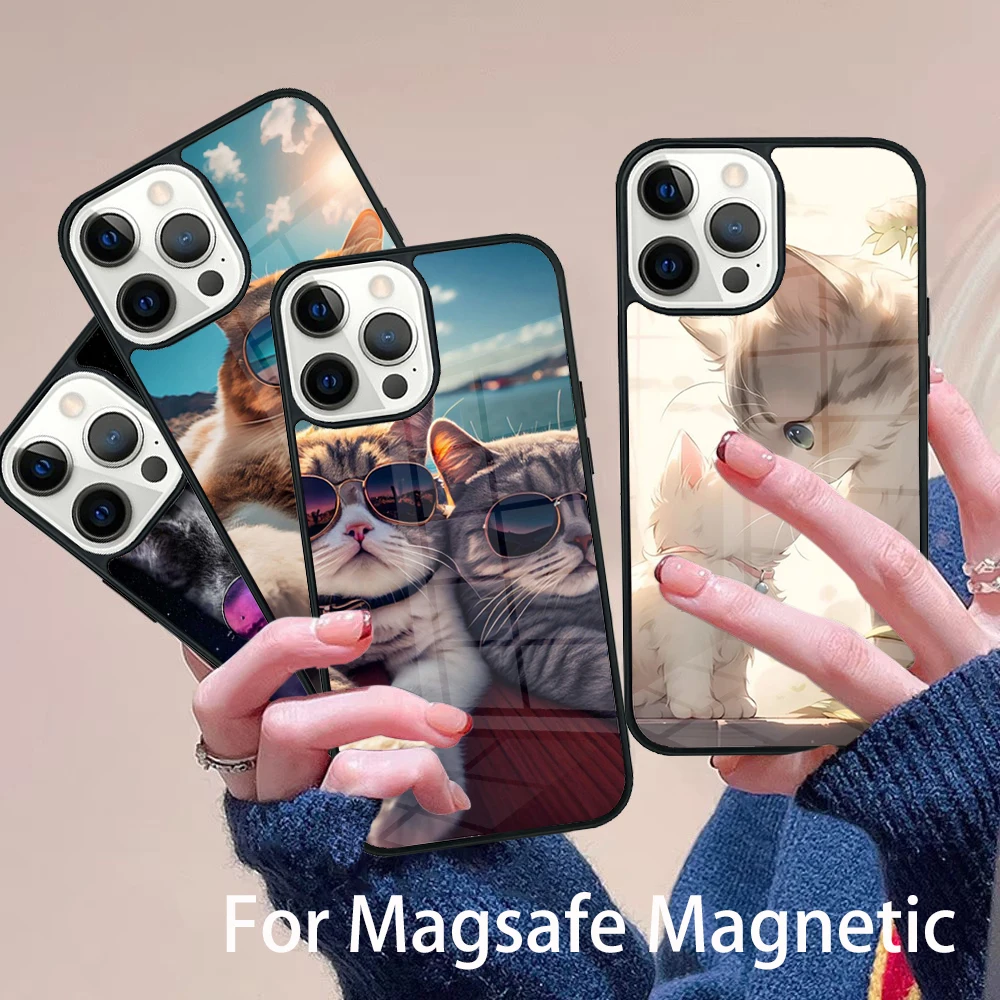 

Cool Animal Cat Phone Case Magesafe Magnetic Wireless Charge Cover For IPhone 16 11 12 13 14 15 Pro Max Plus Mini