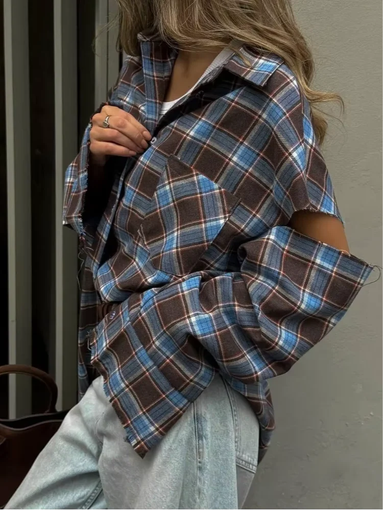 Moda xadrez padrão camisas femininas elegante lapela manga longa único breasted bolso solto topo diário rua outerwear