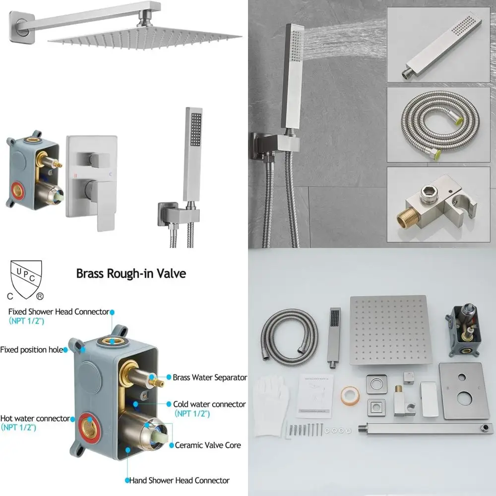 

Luxury 10 Inch Wall-Mounted Rainfall Shower System with Mixer Combo, Brushed Nickel Finish, Including Shower Head and Handheld S