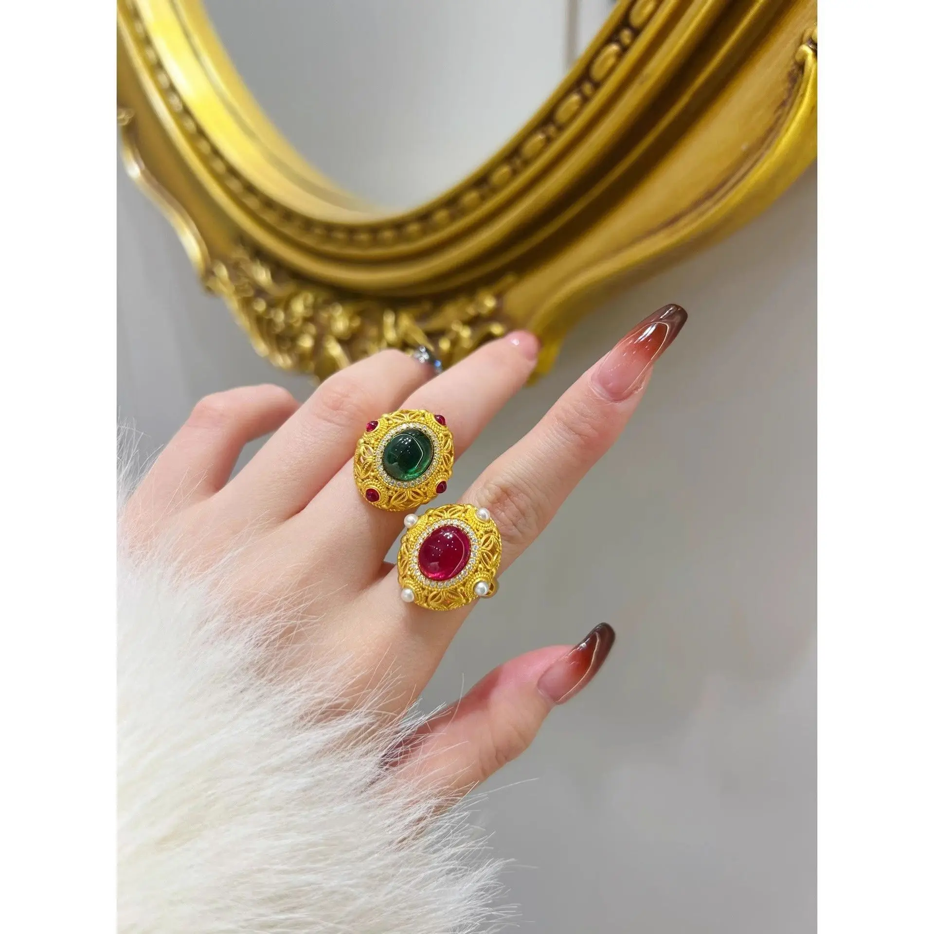 

9999 24K real gold retro palace flower silk pearl color treasure copper coin ring quartet to treasure carborundi gem ring woman