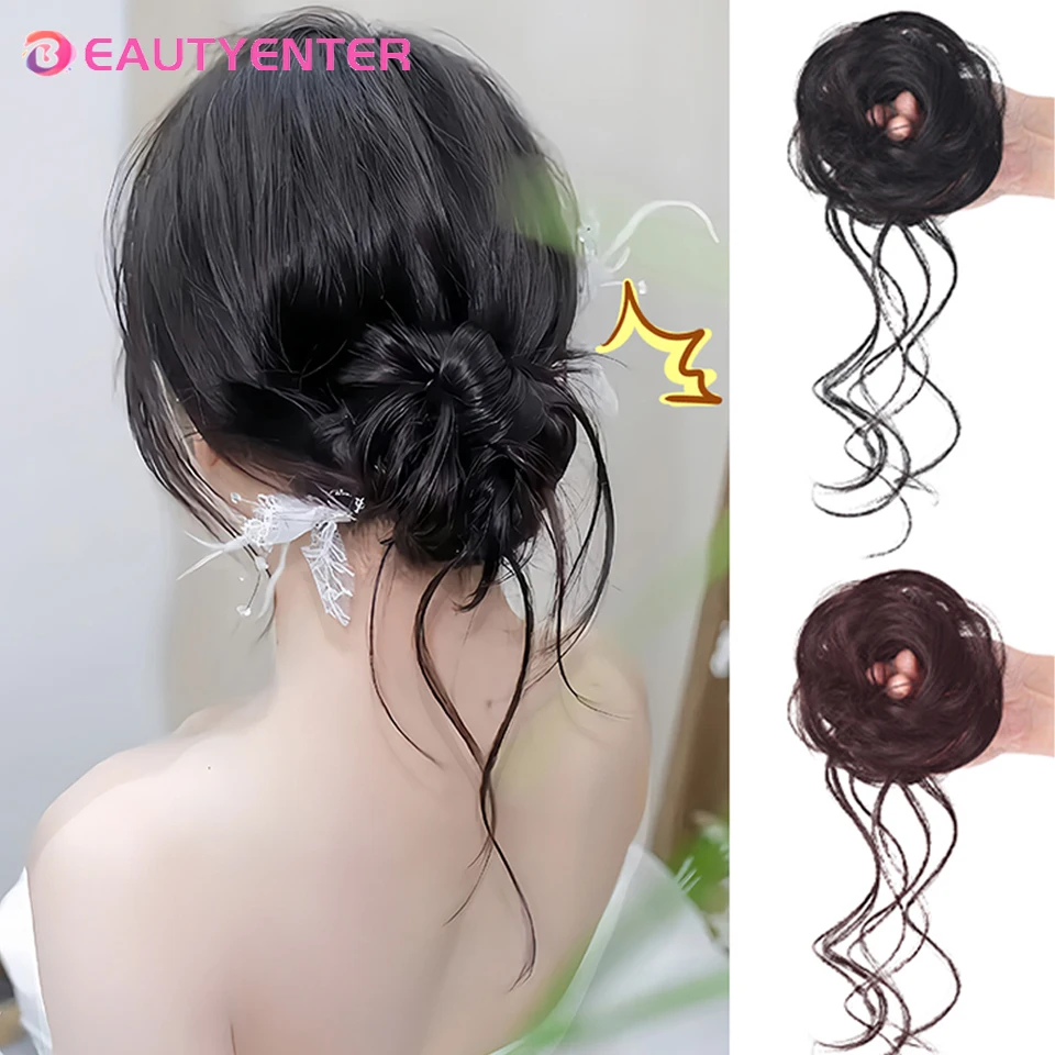 

BEAUTYENTER Messy Bun Hair Piece for Women Super Long Tousled Updo Scrunchies Synthetic Wavy Curly Ponytail Extension Chignon