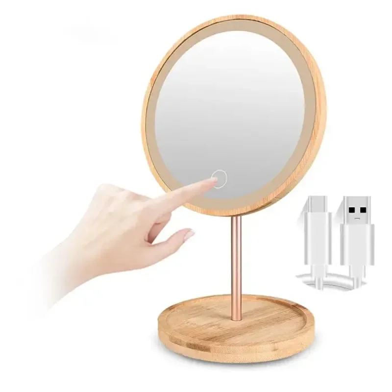 

USB Charging Three Mode Deatchable Wooden LED Makeup Mirror Touch Screen Mirrors Desktop Make Up Cosmetic Mirror