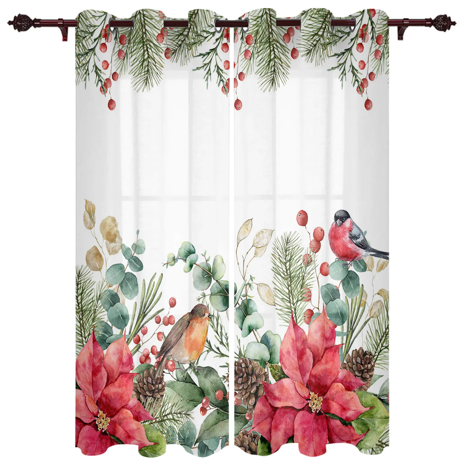 Christmas Eucalyptus Berries Robin Window Curtains for Living Room Bedroom Luxury Modern Kitchen Curtains Fabric Drapes