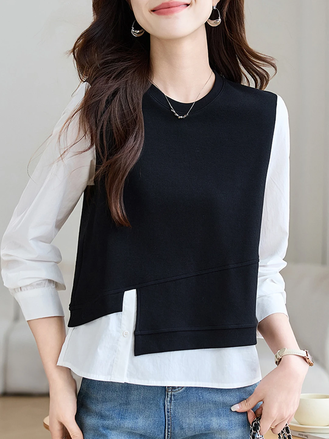 

Faionable Knitted Long Sve irt for Women Spring Autumn New Sle Patchwork Top Trendy T-irt Loose Fit round Ne