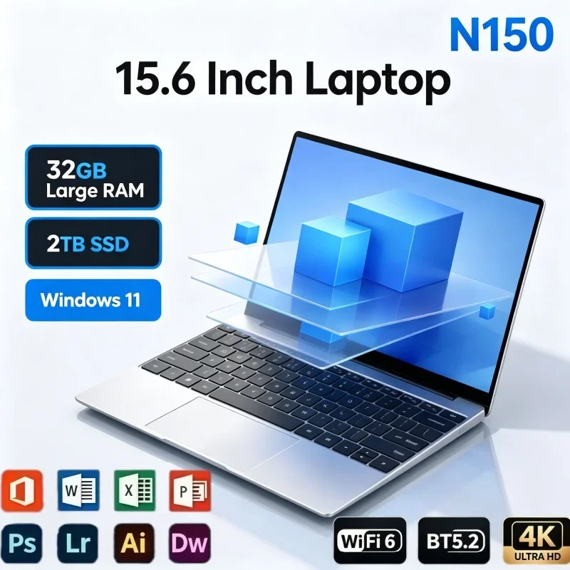 Portable 15.6 Inch Notebook Computer Intel N150 32GB RAM 1TB 2TB SSD High‑Performance Laptop For Business Office Student Study