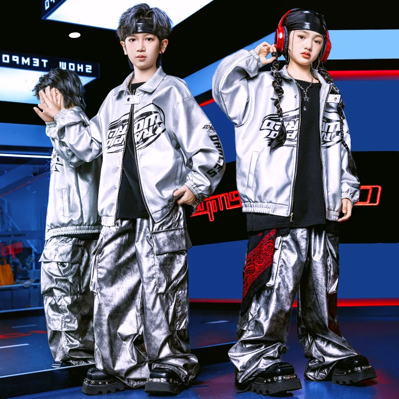 Fashion Hip Hop Design Teenager Silver Colored Clothing for A Child Stage Performance Costume Boy Girl Rapper Dance Outfit Set