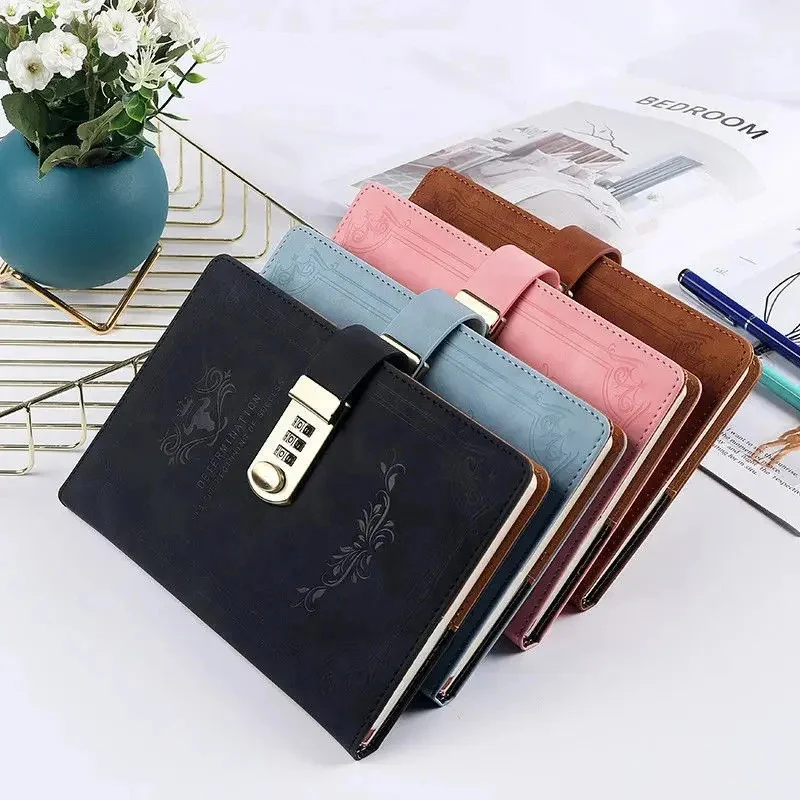 A5 Password Notebook Vintage Faux Leather Binder Diary with Lock School Stationery Handbook Notes Office Writing Journals