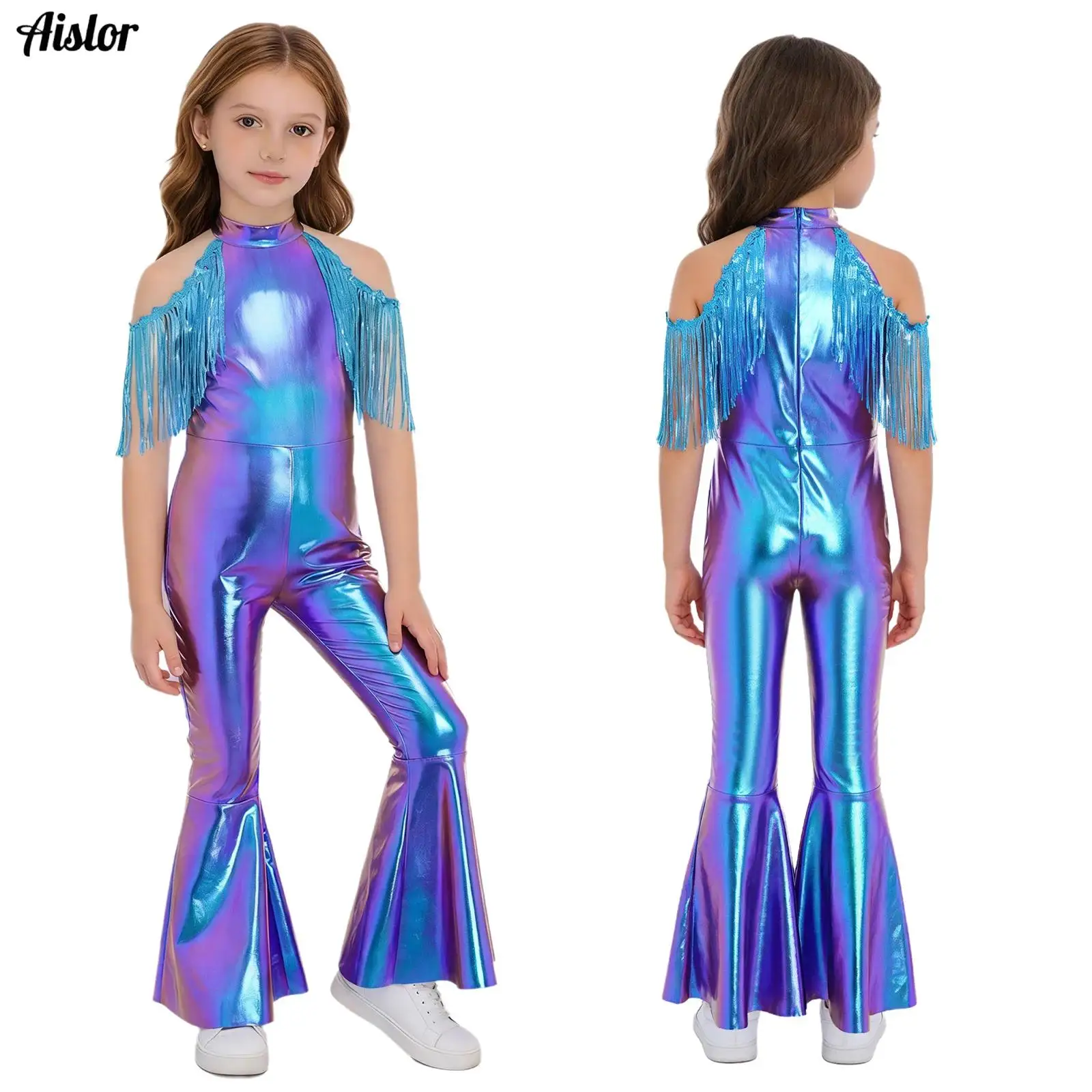 

Girls 70s Disco Hippie Cowgirl Cosplay Jumpsuit Shiny Sequin Metallic Tassel Bell-bottom Bodysuit Halloween Carnival Costume