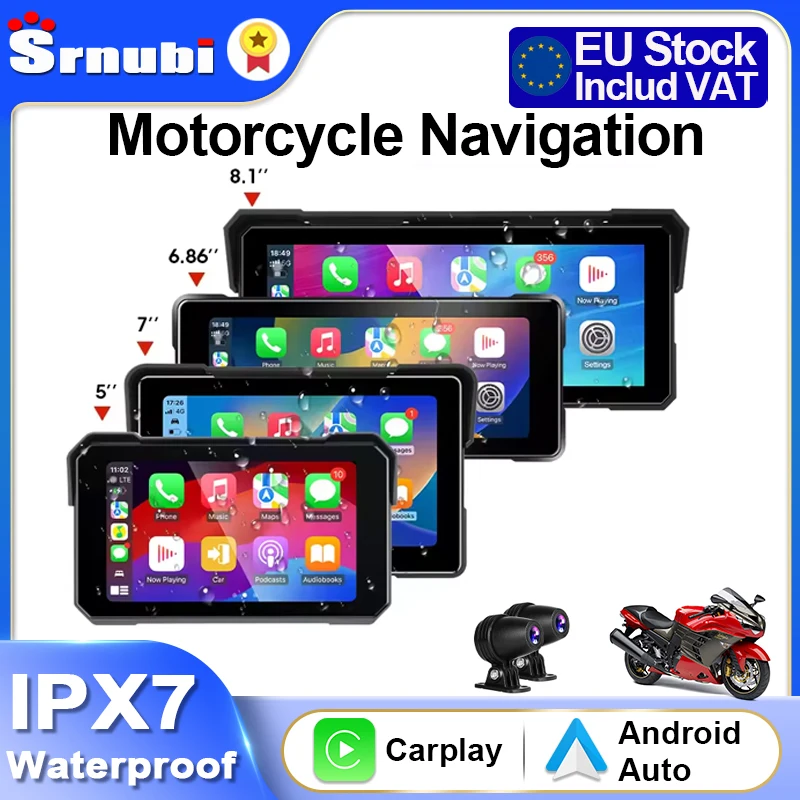 5/6.86/7/8.1" Motorcycle Multimedia Player Wireless CarPlay Android Auto GPS Navigation Recorder IPX7 Waterproof BT Touch Screen