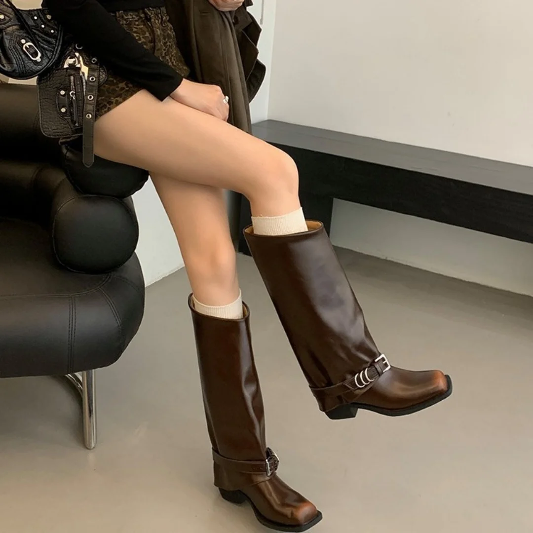 Women Retro Square Toe Knee High Boots Metal Buckle Decor Chunky Heel Distressed Leather Western Cowboy Boots Ladies Street Lady