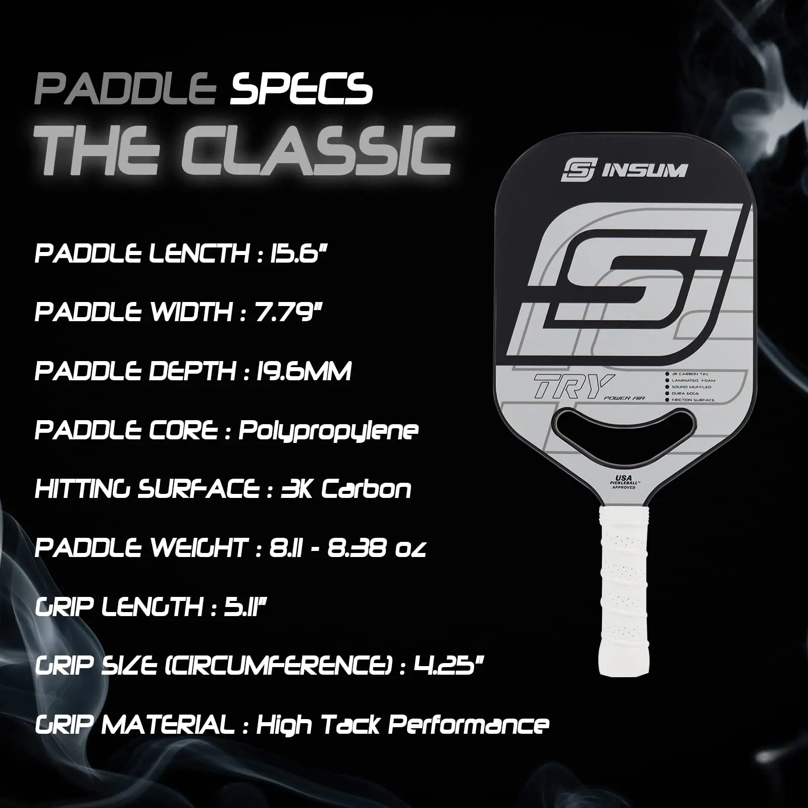 INSUM Try Pickleball Paddle, fibra de carbono 3K, potencia sin bordes, serie Air, superficie texturizada, paletas Pickleball