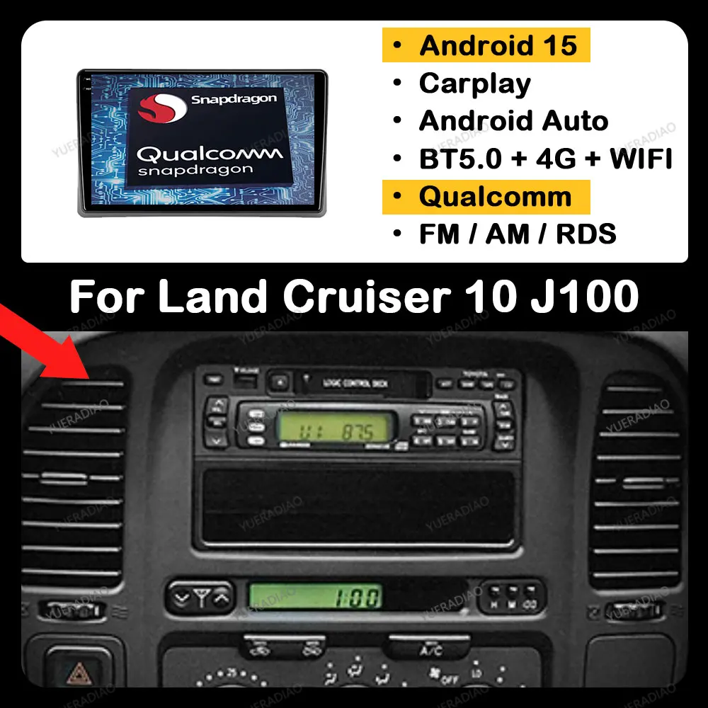 Android 15 Carplay Auto для Toyota Land Cruiser 10 J100 100 1998-2007 GPS NAVI Головное устройство QLED BT 4G LTE 5G WIFI Qualcomm 2DIN