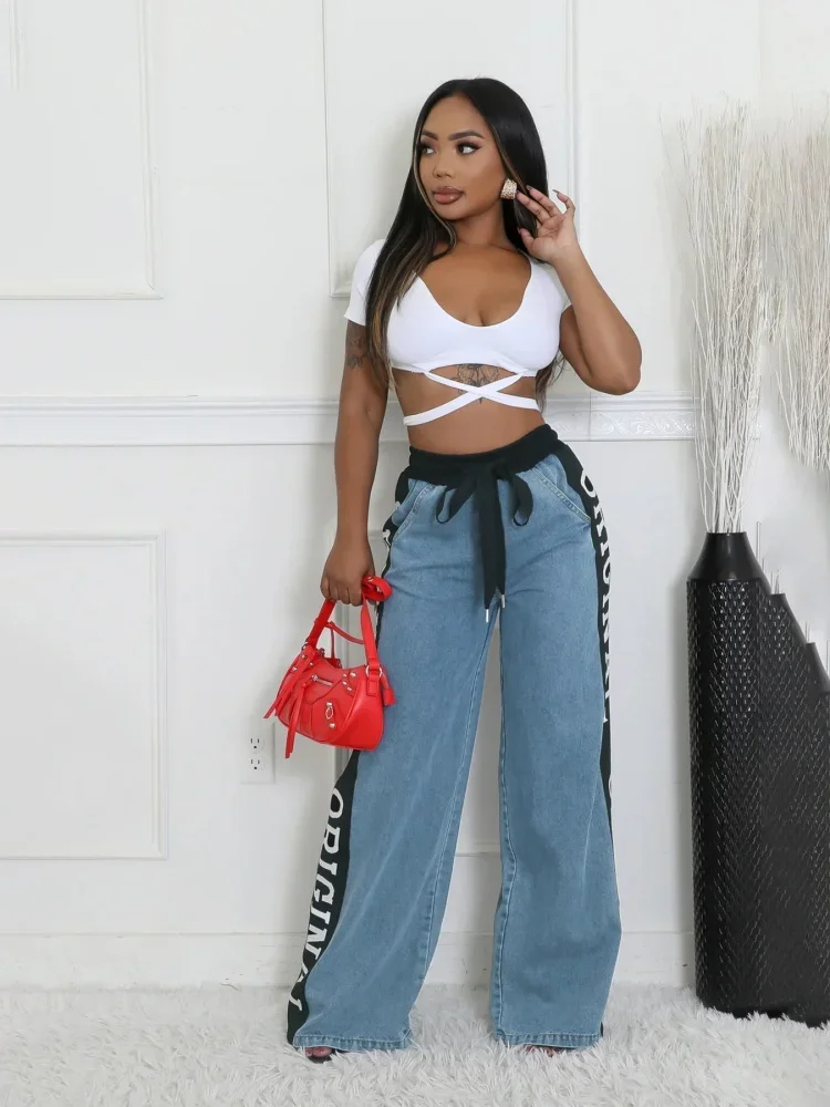 

Fashion Casual Side Letters Color Blocking Denim Tie Elastic Waist Hundred Wide Leg Jeans Blue Jeans for Women