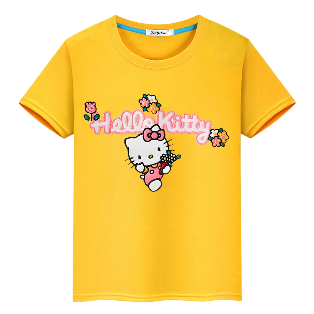 Camiseta con estampado de dibujos animados de hello kitty para niños y niñas, Tops cortos de Anime, ropa de una pieza y2k, 100% algodón, regalo de verano