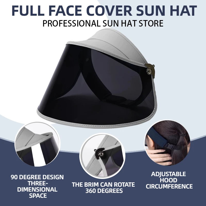 Grey Outdoor Sun Hat Golf Cap Face Protection Anti-UV Wide Brim Hats UV400  Beach Multi-function Hat-360° Rotation Adjustable