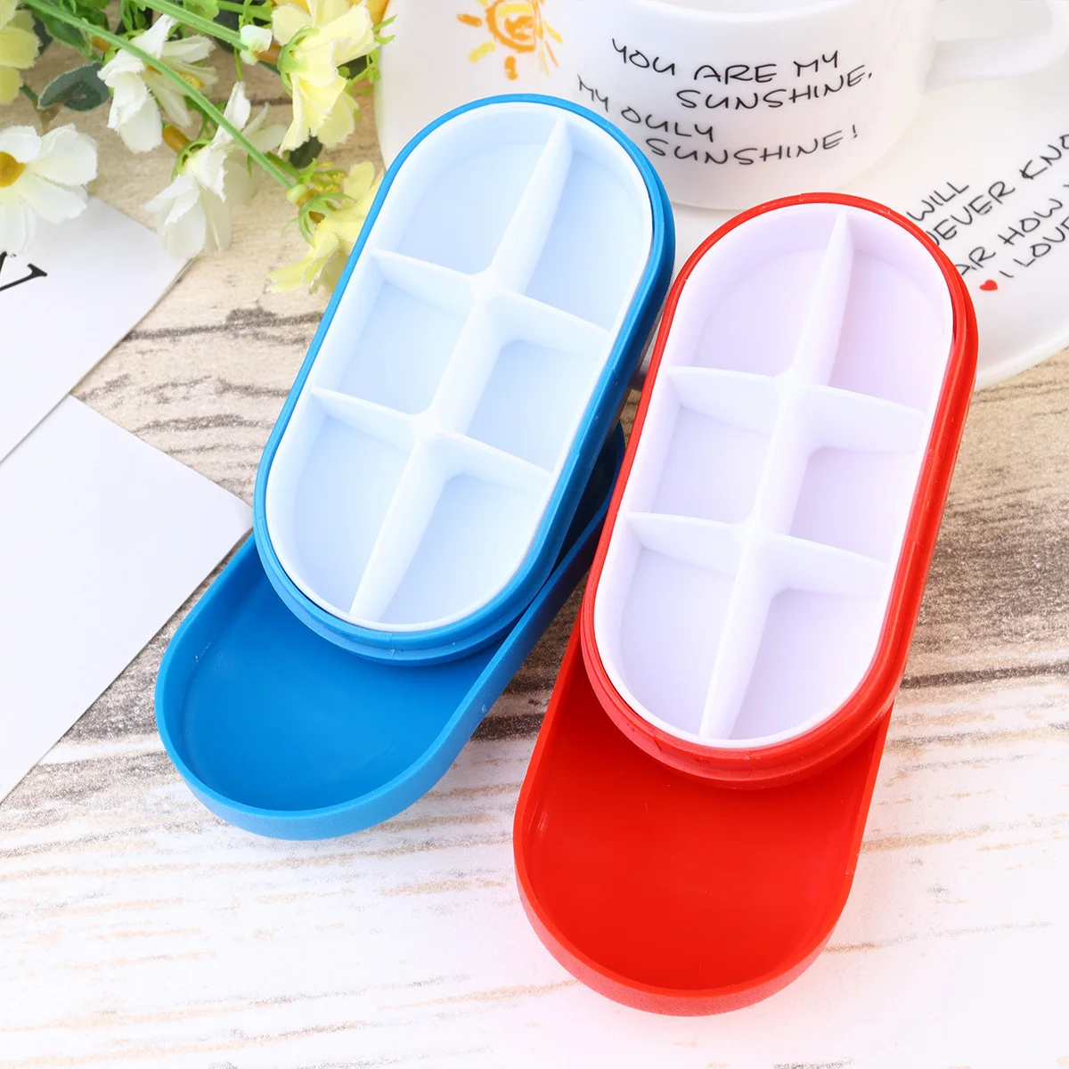 

2Pcs Portable Medicine Capsule Box Oval Six Compartments Pill Organizer Plastic Mini Case Storage Container for Home Travel