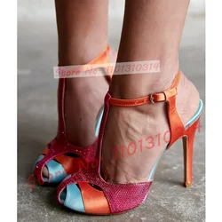 Colorful Crystal Round Toe Sandals Ladies Trendy Hollow Bling High Heel Bridal Sandals Women Party T-strap Elegant Evening Shoes