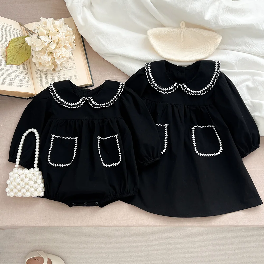 2024 Sister Clothes Spring New Korean Baby Girl\'s Dresses One Piece Clothes Black Baby Newborns Rompers Long-Sleeved Jumpsuits