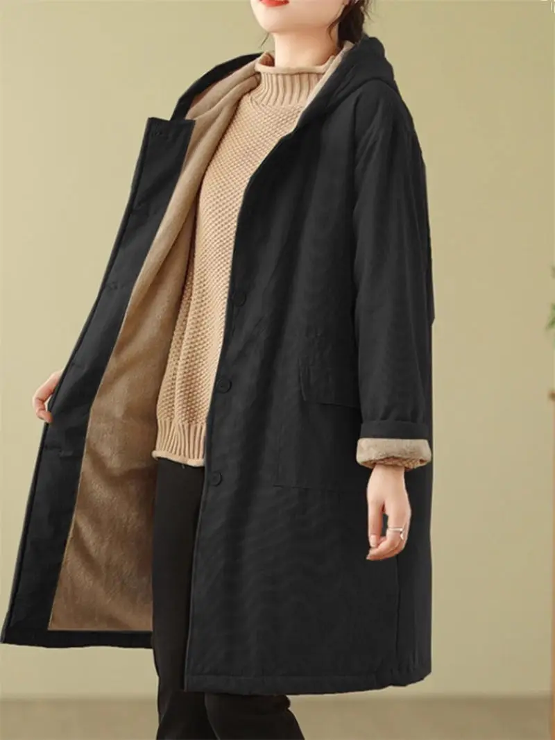 

Thickened And Warm Mid Length Cotton Jacket Women's Autumn Winter Retro Hooded Loose Fleece Coat Trendy Windbreaker Z4325