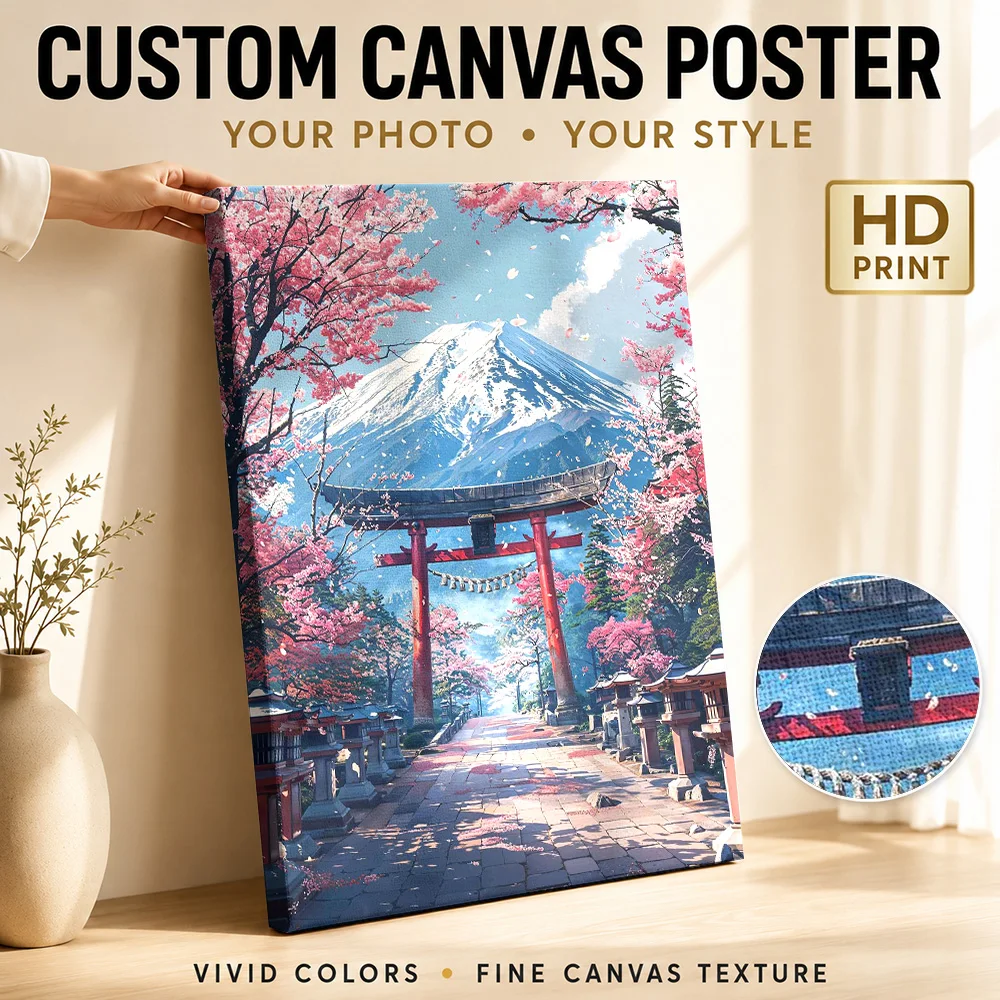 Sakura Torii Mount Fuji Landscape Wood Framed Canvas Print Personalized Photo, Retro Scenic Graphic Wall Art For Living Room