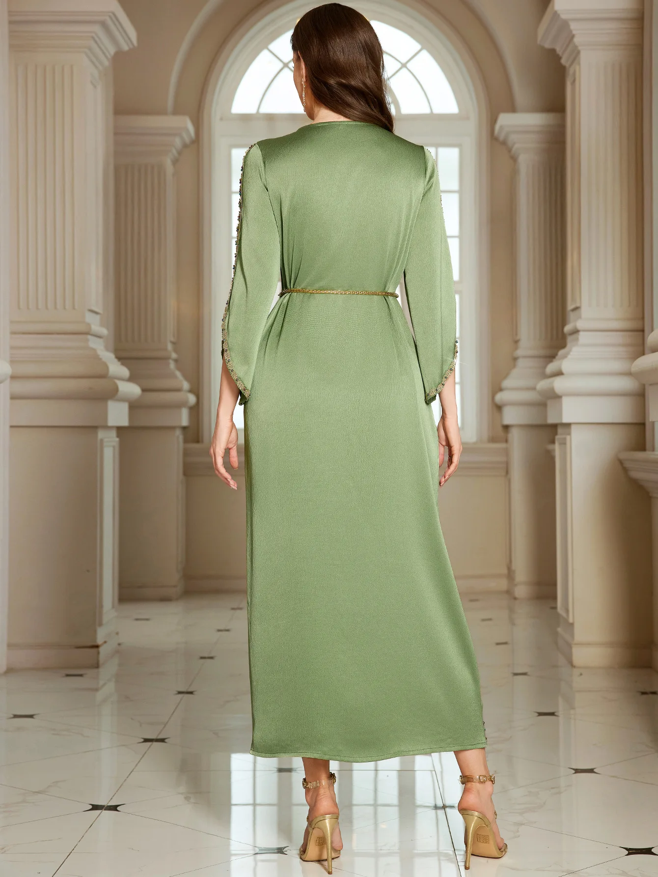 Ramadan Islamic Saudi Arabian Muslim Fashion Women's Clothing Vanilla Green Splicing Lace Handmade Nail Bead Dubai Long Dress