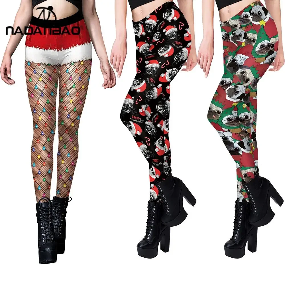 Nadanbao Lustige Weihnachts-Frauen-Sexy-Strumpfhose, 3D-Digitaldruck, weich, dehnbar, Weihnachtsmann-Leggings, knöchellanges Outfit für Weihnachtshosen