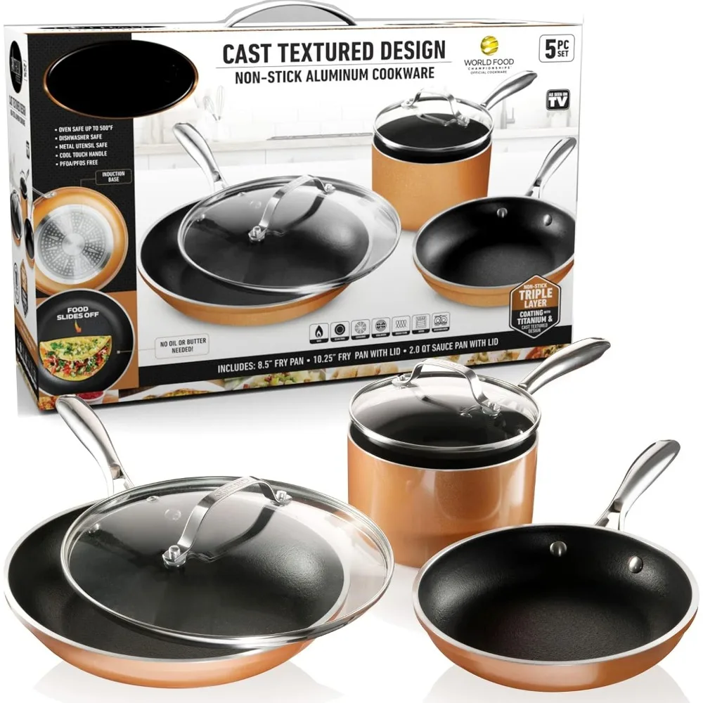 

Copper Cast 5 Piece Cookware,Pots and Pan Set with Triple Coated Nonstick Copper Surface & Aluminum Composition for Even Heating