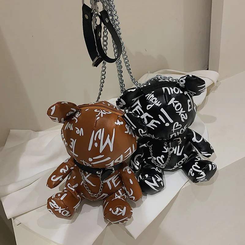 Cute Doll Crossbody Bags for Women 2024 Trend Graffiti Hip Hop Shoulder Bag Woman Leather Fashion Bear Soft Cartoon Female Bag