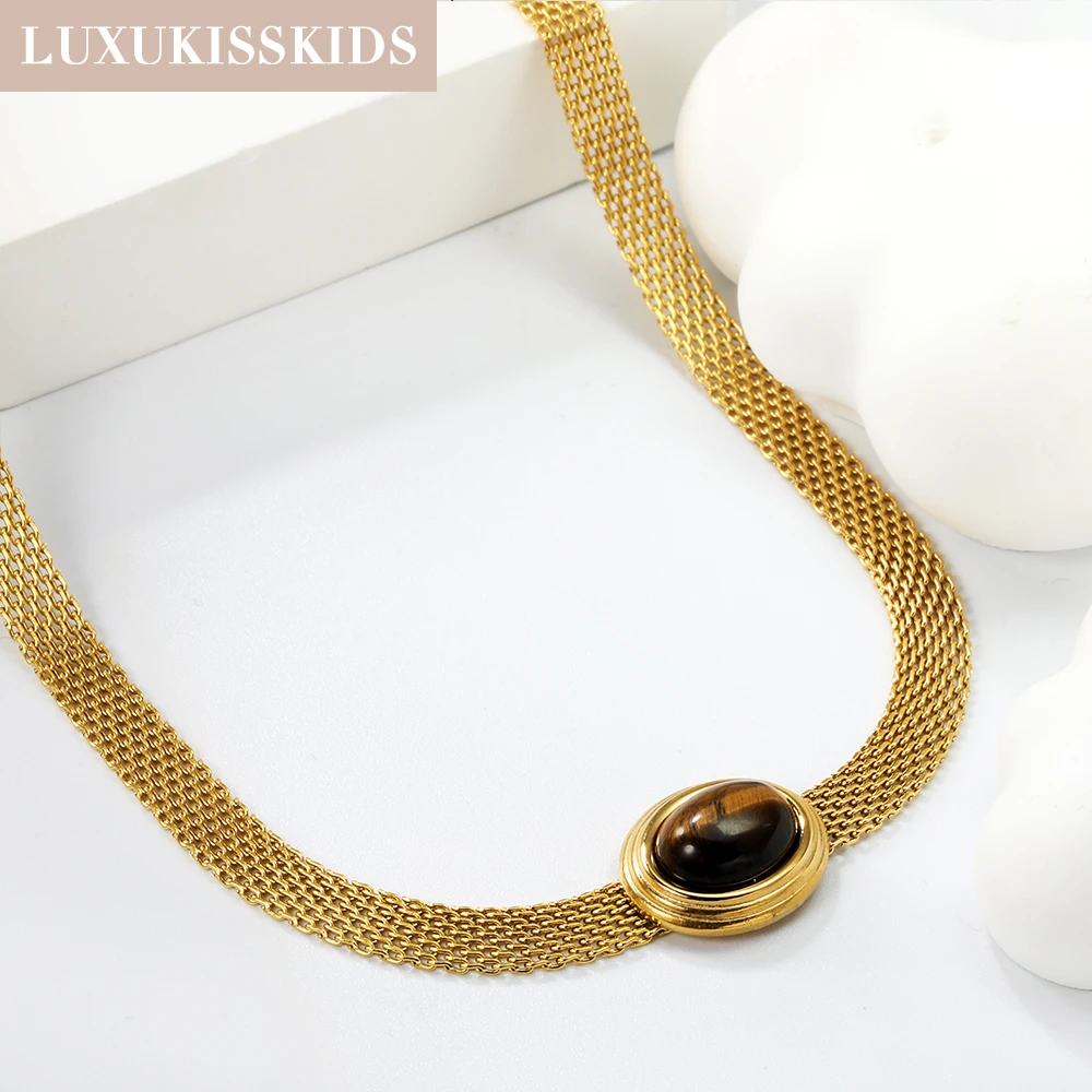 LUXUKISSKIDS Gold Plated Weave Chain Necklace Bracelets Set Fashion Round Stone Jewelry Sets for Woman Wedding Party Accesories