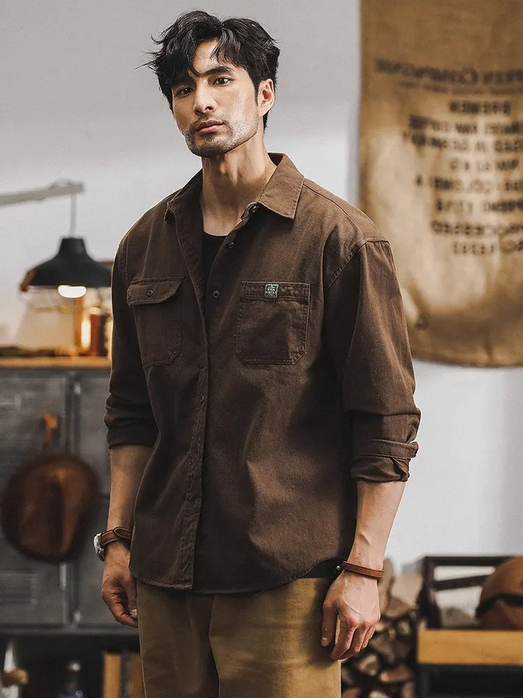 American Retro Workwear Shirt Jacket Men's Spring Autumn Loose Casual Long Sleeve Shirt Polyester Fiber No Brand Registration