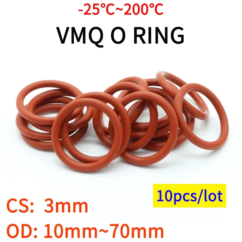 

10pcs VMQ O Ring Seal Gasket Thickness CS 3mm OD 10 ~ 70mm Silicone Rubber Insulated Waterproof Washer Round Shape Nontoxi Red