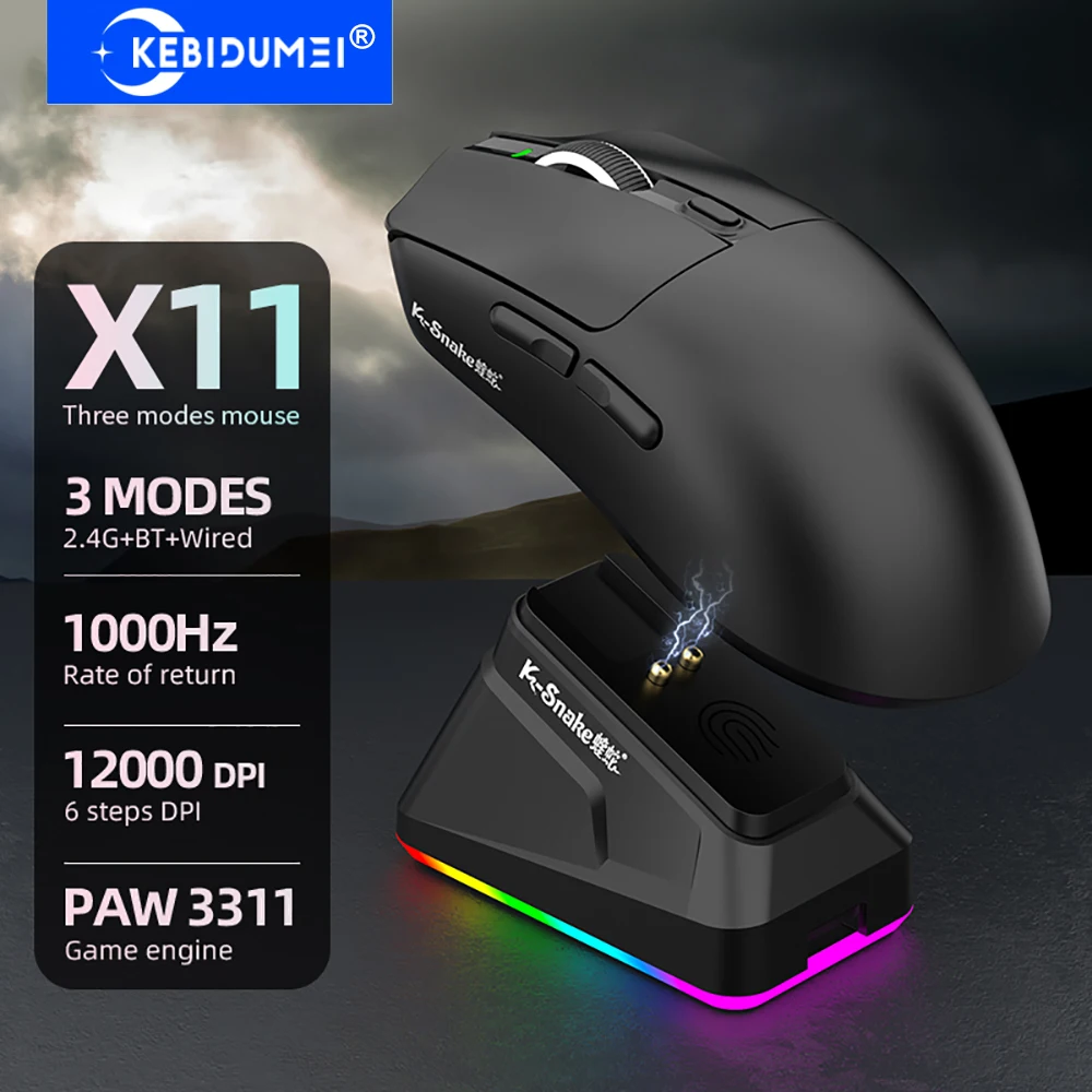 

X11 PAW3311 Tri-Mode Gaming Mouse Wireless Mouse 12000 DPI Bluetooth Mouse RGB Touch Magnetic Charging Base BT/2.4G/Wired Mice