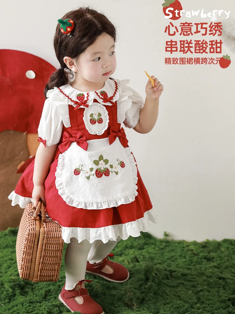 Girls' Dress Lovely Strawberry Embroidery Small Lapel Baby Summer Bow Shirt Princess Dress