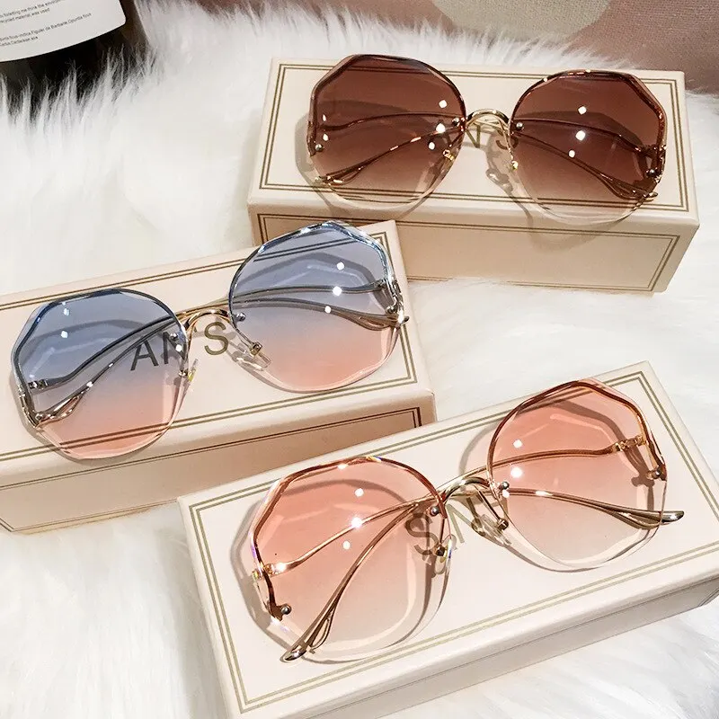 Schutzbrille Randlose Polygon Gradient Sonnenbrille Frauen Metallrahmen Vintage Stilvolle Übergroße Design Sonnenbrille UV400