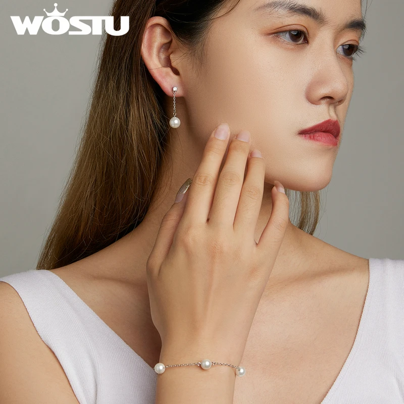 Wostu 925 Sterling Silver Natural 8MM Fresh Water Pearl Long Tassel Stud Earrings For Women Dangle Drop Earring Wedding Jewelry
