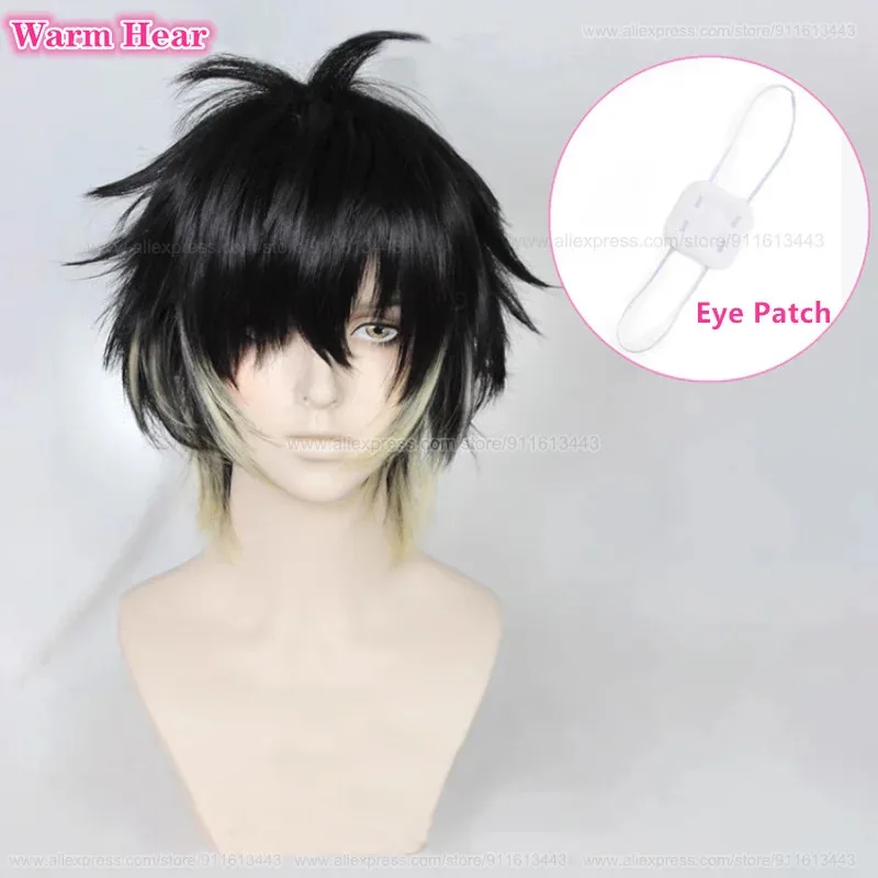 토와 합성 남성용 짧은 검정색 노란색 코스프레 애니메이션 눈가리개 내열 헤어 할로윈 파티 가발 + 가발 캡