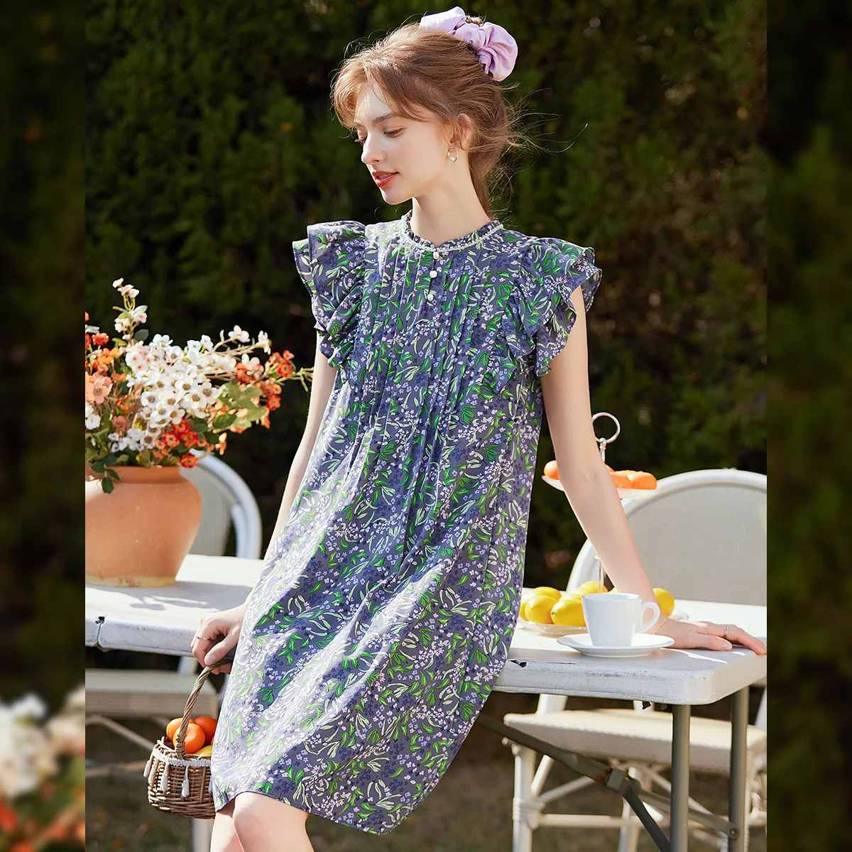 Louis yao vestido estampado de manga voadora, camada dupla, moda verão 2021, gola redonda, corrente decorativa, saia floral feminina