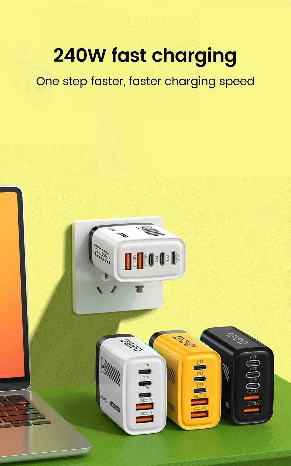 240W GaN 5 in 1 Desktop Charger USB C PD QC 3.0 Fast Charging Charger For MacBook iPhone 17 16 15 Pro Samsung Xiaomi EU US Plug