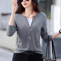 Grey fake two piece long sleeved T-shirt for women's autumn new high-quality fashion light luxury V-neck zipper casual top