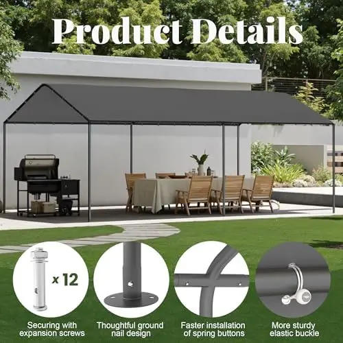 10x20 Carport Heavy Duty Portable Garage Shelter Metal Car Canopy Tent with UV-Resistant & Weatherproof Top Cover for