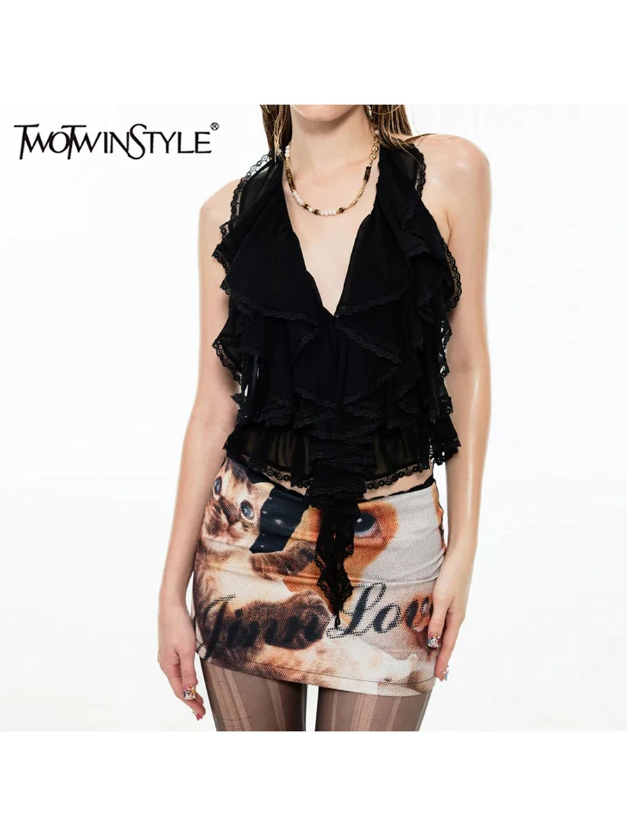 

TWOTWINSTYLE Solid Spliced Appliques Slimming Vests For Women V Neck Sleeveless Patchwork Lace Vests Female Fashion Style New