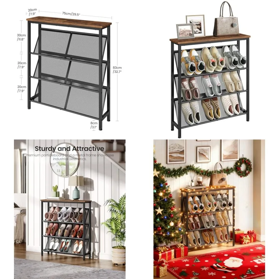 

Shoe Rack, 4-Tier Slanted Shoe Storage Shelf, Narrow Shoe Rack for Entryway, Shoe Organizer with Adjustable Feet, Slim Shoe Shelf with Wooden Top and Metal Frame Rustic Brown and Black