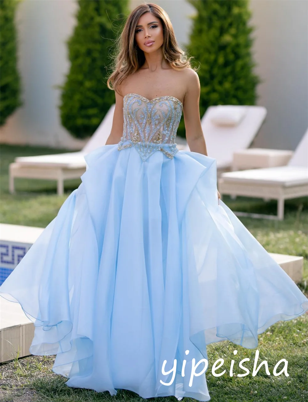 Customized Formal Casual Organza Sequined Pleat A-line Strapless Long Dresses Bespoke Occasion Sparkle