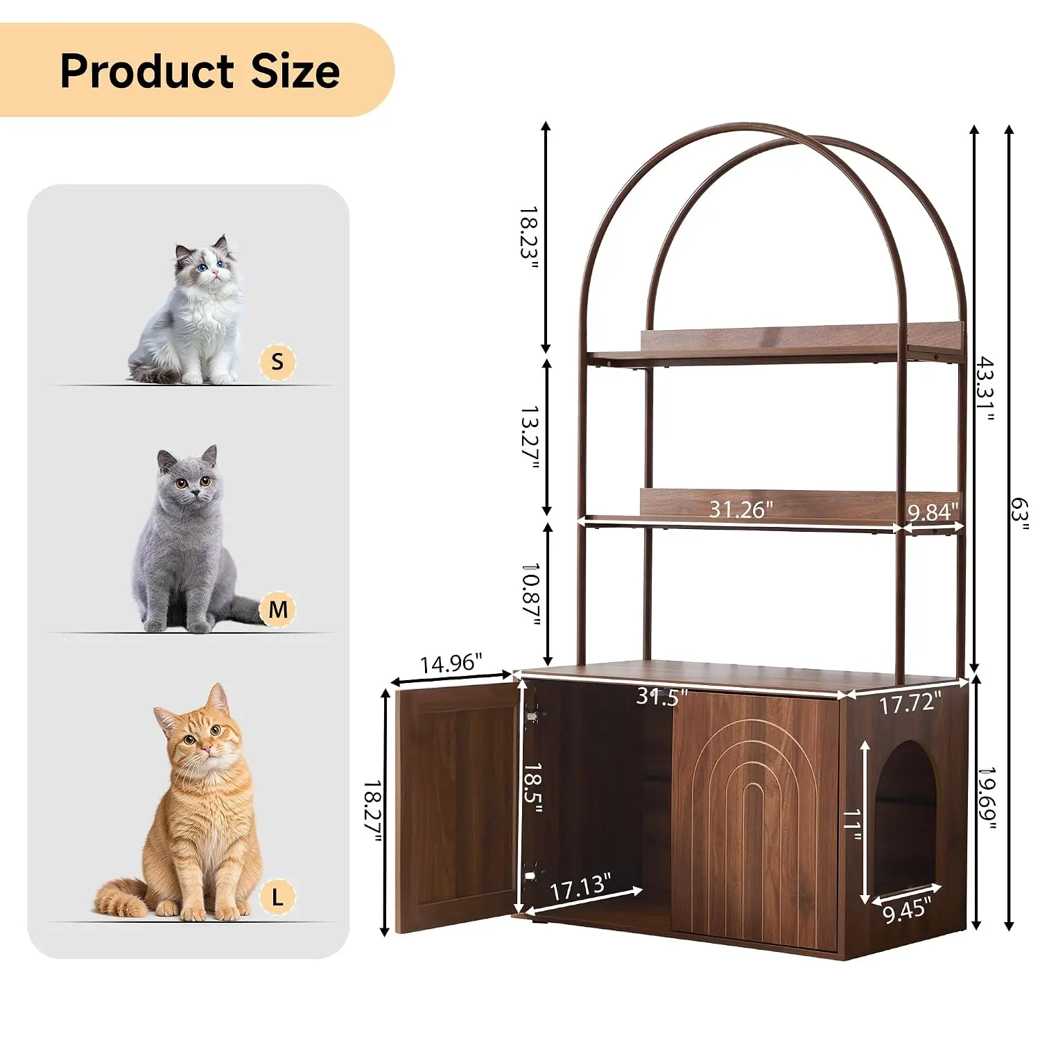 Arched Cat Litter Box Enclosure with 2-Tier Shelves, 63" Tall Hidden Litter Box Furniture with Reversible Entry, Wood Grain Meta