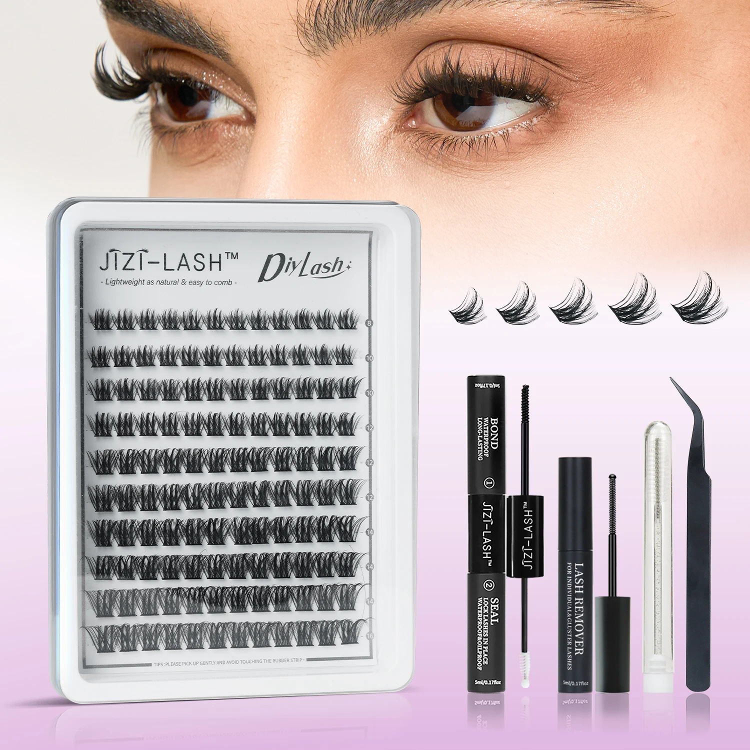 

JIZI-Lash 5 in 1 120PCS Clusters Set DIY Lashes Extension Kit with Lash Bond and Seal Eyelash Tweezers Remover Brush Makeup Tool