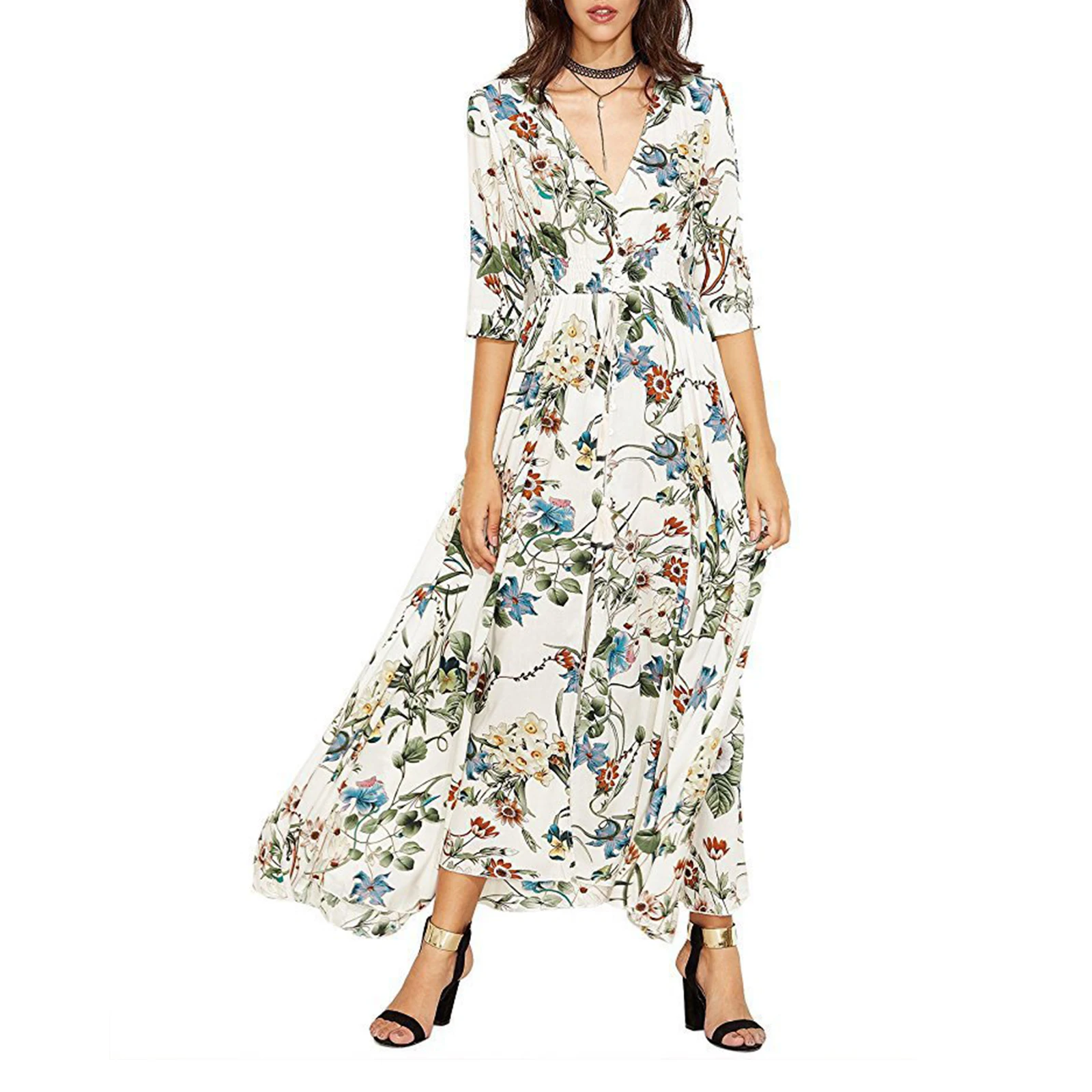 

New Women's Boho Dress 2023 Summer Ethnic Floral Print V Neck Short/Half Sleeve Ladies Loose Long Dress S/M/L/XL/XXL