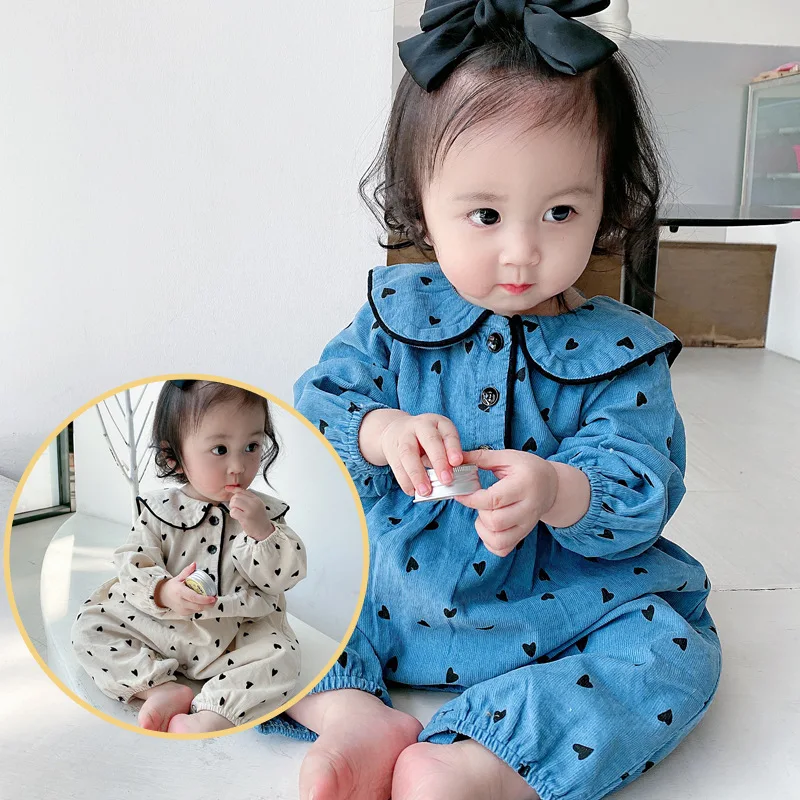 2024 Korean Newborn Baby Girl Rompers Corduroy Long Sleeve Peter Pan Collar Loose Infant Girls Onesie Toddler Girls Outfits