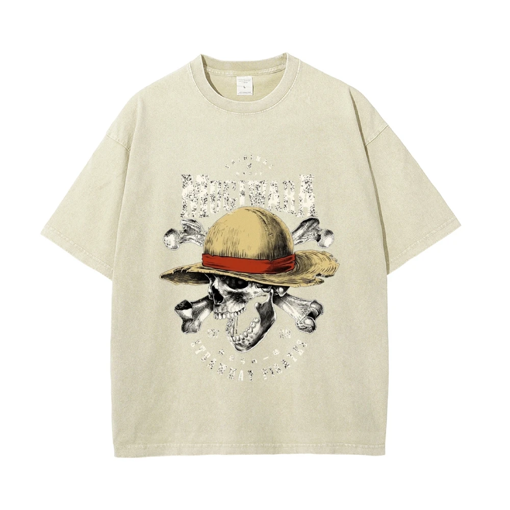メンズ Tシャツ ワンピース アニメ ルフィ 草帽 海賊団 プリント ウォッシュドコットン カジュアル 半袖 Tシャツ 夏 ストリートウェア カジュアルトップ